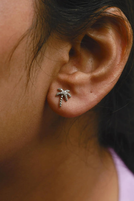 10K White Gold Encrusted Palm Tree Stud Earrings