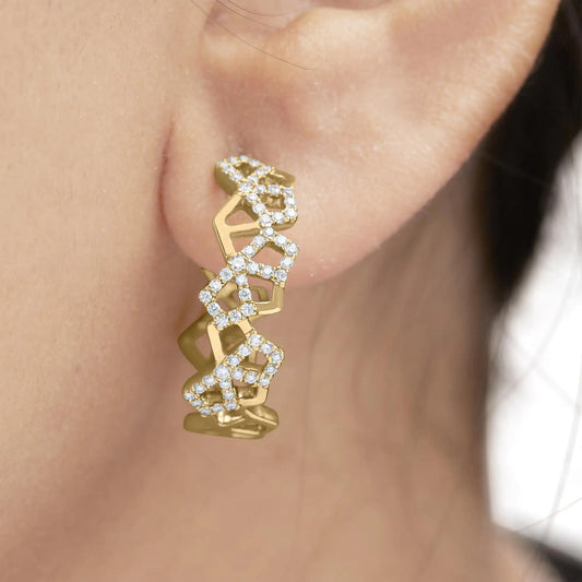 14K Yellow Gold Honeycomb Hoop Earrings